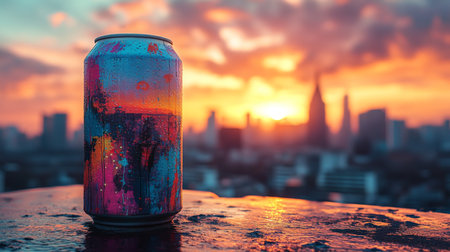 Vibrant sunset over city skyline with colorful beverage can in focus. Generative AIの素材