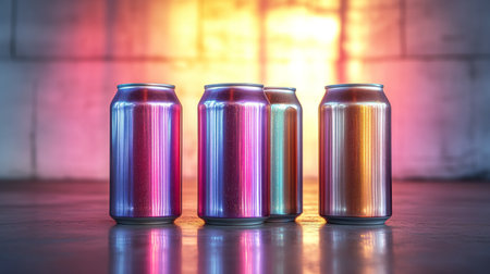 Colorful metallic cans arranged artistically with illuminated background highlighting texture and hues. Generative AIの素材