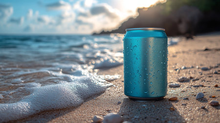 Sparkling blue can resting on sandy beach shore at sunset with waves gently crashing around it. Generative AIの素材
