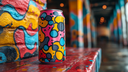 Vibrant can of beverage on a colorful wooden table with artistic mural background in an indoor setting. Generative AIの素材