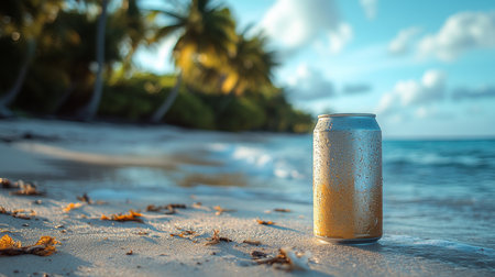 Chilled beverage resting on sandy beach with palm trees and ocean view during sunny day. Generative AIの素材