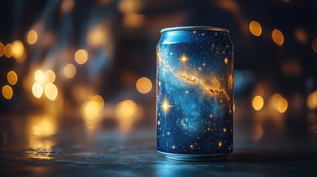 Design of a soda can featuring a galaxy theme with bright stars against a blurred background of warm lights. Generative AIの素材
