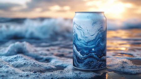 Can of beverage resting on wet sand with crashing waves at sunset on a tranquil beach. Generative AIの素材