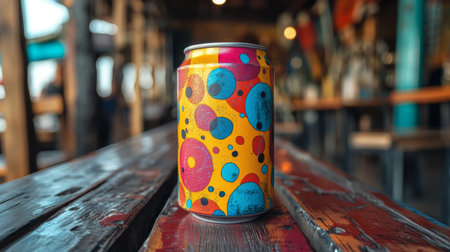 Colorful beverage can stands out on a rustic wooden table in a vibrant social space during a casual gathering. Generative AIの素材