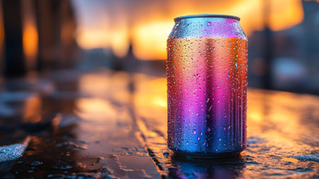 Colorful can resting on a wet surface during sunset with vibrant reflections in the background. Generative AIの素材