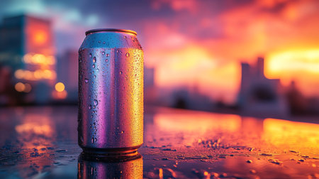 Reflections of a vibrant sunset on a cool beverage can in an urban setting at dusk. Generative AIの素材