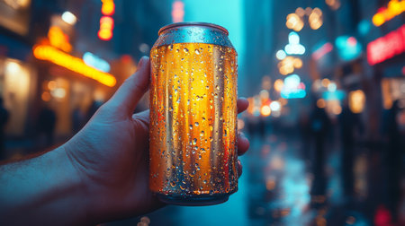 Hand holding a condensation-covered beer can in a bustling city street during evening hours. Generative AIの素材