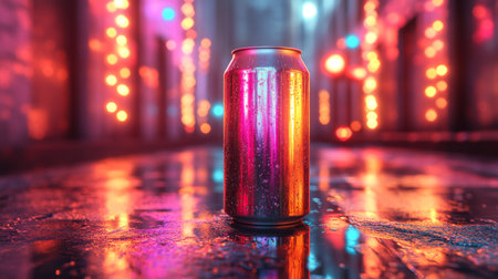 Vibrant can resting on wet pavement illuminated by colorful lights during a nighttime urban setting. Generative AIの素材