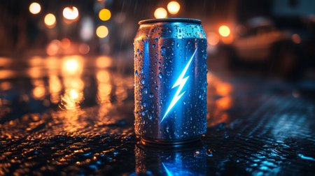 Brightly lit can with water droplets on a rainy street at night. Generative AIの素材