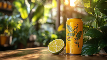 Refreshing drink can with a lime slice in a vibrant tropical setting during golden hour. Generative AIの素材
