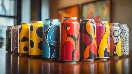Colorful beverage cans with artistic designs displayed on a wooden table in a modern setting. Generative AIの素材