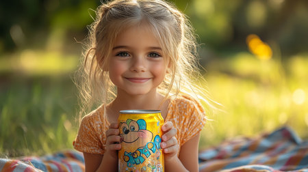 Smiling girl holding a colorful drink can while sitting on a blanket in a sunny park. Generative AIの素材