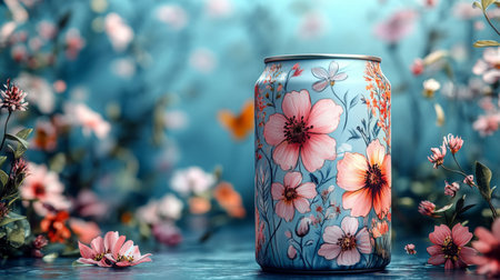 Colorful floral can surrounded by vibrant blooms in a serene garden setting during daylight. Generative AIの素材