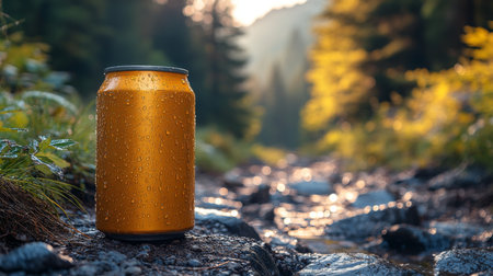 Bright orange can rests on rocky stream bed in peaceful forest during late afternoon sunlight. Generative AIの素材