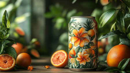 Brightly colored beverage can surrounded by fresh oranges and vibrant green foliage in a tranquil setting. Generative AIの素材