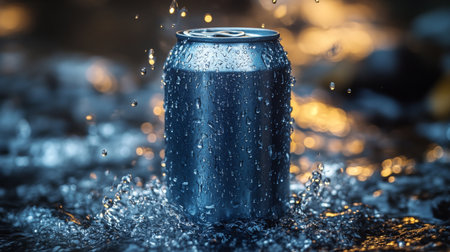 Refreshing beverage can surrounded by splashes of water in a natural setting at dusk. Generative AIの素材