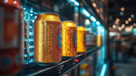 Refreshing beverage cans lined up in a modern refrigerated display case during an indoor event. Generative AIの素材