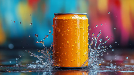 Bright orange can splashes in water against a vibrant background during a summer afternoon. Generative AIの素材
