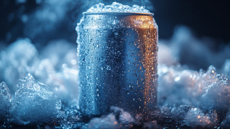 Refreshing chilled beverage can covered in condensation surrounded by ice on a dark background. Generative AIの素材