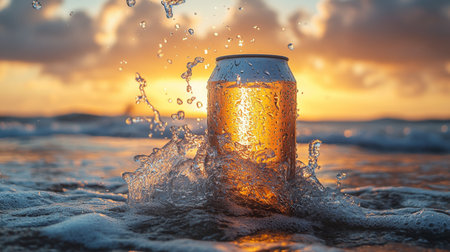 Sunset reflections on a cold can of beverage splashing in ocean waves during a summer evening by the beach. Generative AIの素材