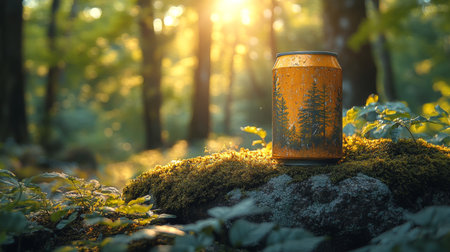 Craft beverage resting on a mossy rock in a sunlit forest during the golden hour. Generative AIの素材