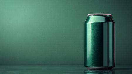 Simple green aluminum can on a reflective surface with a solid green background in a minimalist setting. Generative AIの素材