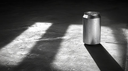 Reflective can sitting on textured surface with shadows creating artistic contrast in low light setting. Generative AIの素材