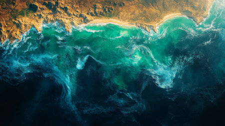 High-altitude view revealing oceanic patterns, coastal terrain, and vibrant blue waters showcasing natural phenomena. Generative AIの素材
