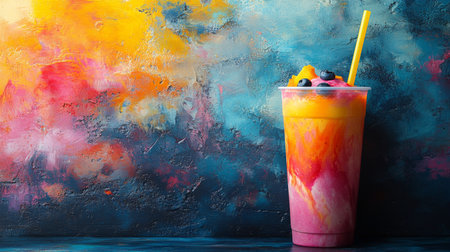 Vibrant fruity beverage displayed against colorful abstract background in a creative setting. Generative AIの素材