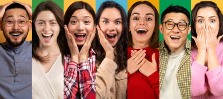 Diverse group of cheerful friends enjoying a fun moment togetherの写真素材