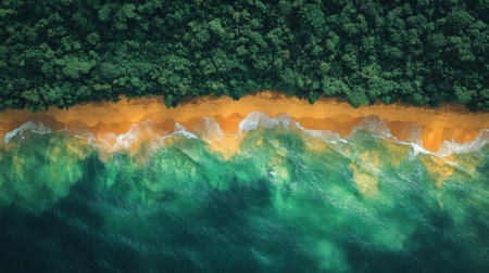 Satellite imagery showcases vibrant coastal landscape with forested area and ocean waves at tropical location. Generative AIの素材