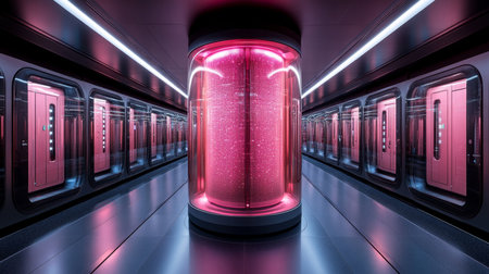 Quantum computing hub featuring illuminated qubit display in modern facility. Generative AIの素材