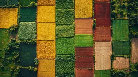 Vibrant agricultural fields captured from space showcasing diverse crops and land usage over a rural landscape. Generative AIの素材