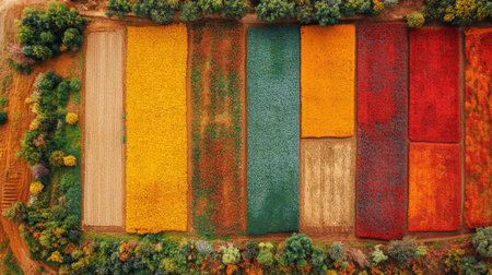 Vibrant fields of agriculture showcasing diverse crops and rich colors throughout the growing season from a birds eye view. Generative AIの素材