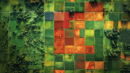 Satellite view of agricultural fields showcasing varied crop patterns and colors in a rural landscape. Generative AIの素材