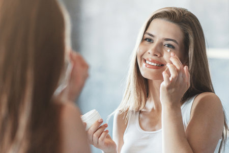 Charming lady applying under eye face cream on her beautiful skin near mirror in bathroomの写真素材