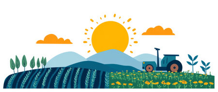 Modern agriculture landscape featuring a tractor in fields under a bright sun. Generative AIの素材
