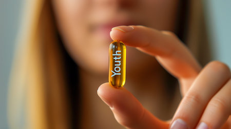 A person holds a Youth capsule, symbolizing progress in genetic modification and bioengineeringの素材