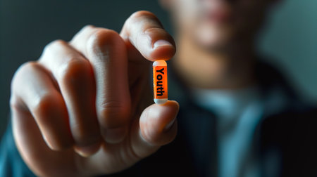 A person holds a capsule labeled Youth, symbolizing genetic modifications for extended youthの素材