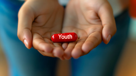 Hands grasp a red capsule labeled Youth, symbolizing genetic advancements and therapiesの素材