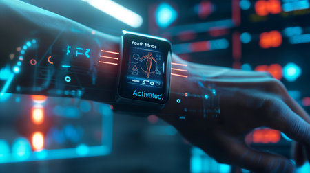 A futuristic smartwatch shows youth enhancements via genetic tweaks and bioengineeringの素材