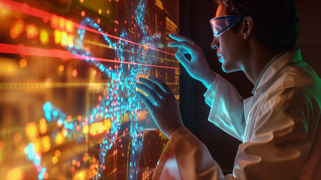 A scientist engages with a digital interface showing genetic data and graphicsの素材