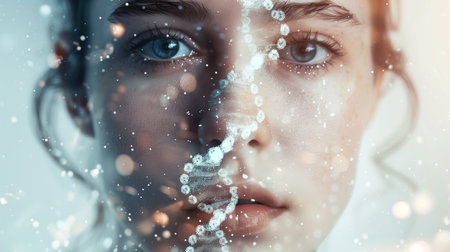 A face generates visual effects representing genetic modifications and youth extension scienceの素材