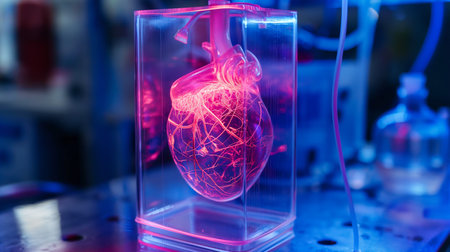A translucent heart model showcases bioengineering designs for genetic longevity enhancementsの素材