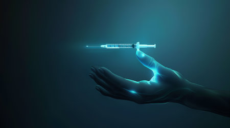 A hand reaches for a floating syringe, symbolizing breakthroughs in youth gene therapyの素材