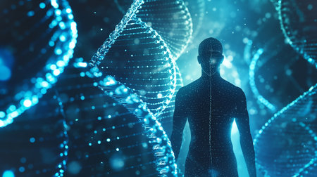 A silhouette symbolizes the quest for genetic tweaks to extend youth through advanced methodsの素材