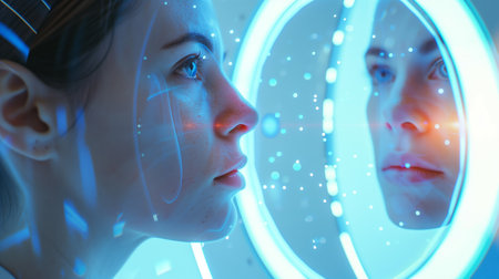 A scientist examines her reflection in a futuristic mirror, showcasing advanced genetic researchの素材