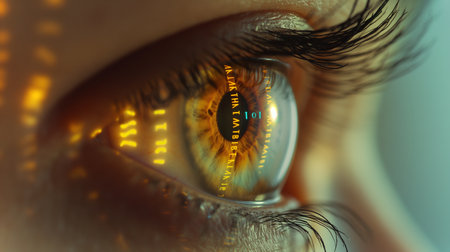 Focus on the eye reflecting digital sequences that symbolize genetic advancementsの素材