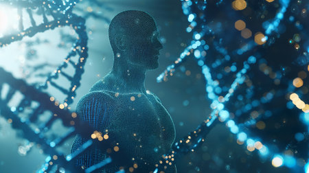A human figure made of data points stands among swirling DNA strands, highlighting genetic advancesの素材