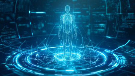 Digital model of a human figure highlighting genetic tweaks for improved longevityの素材